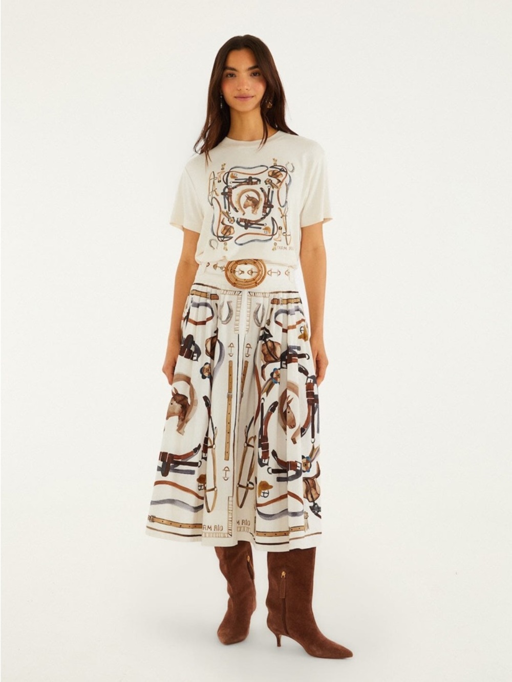 FARM Rio Equestrian Scarf Belted Midi Skirt in Winter White Size Medium NWT